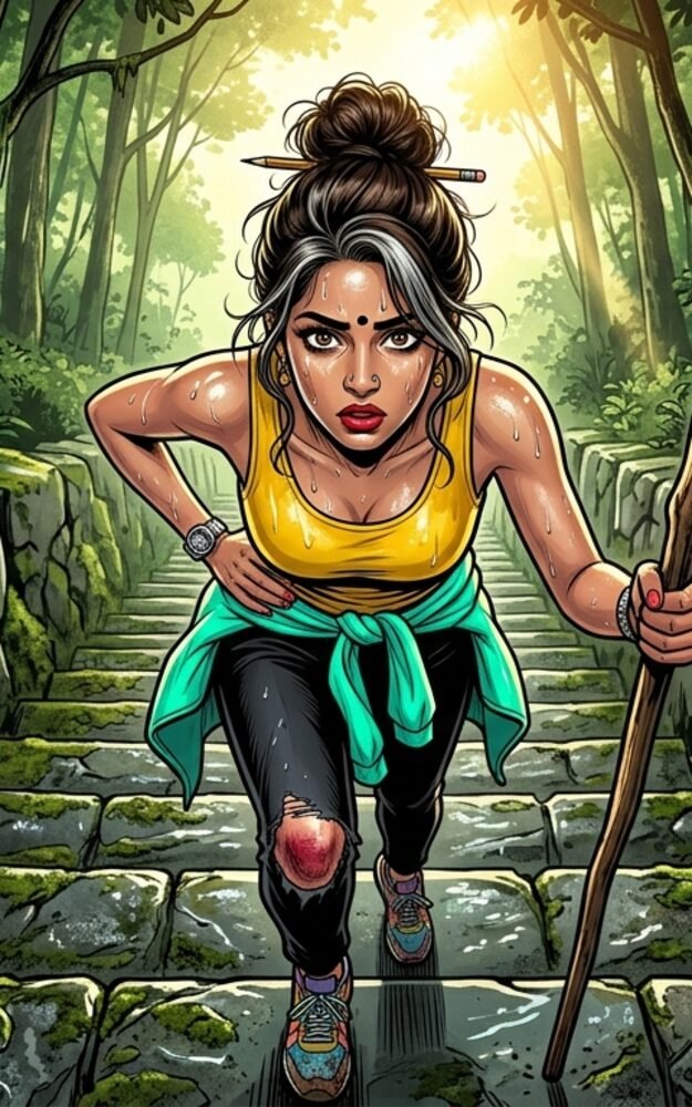 Bhoomi climbing the 300 steps to Chandreshwar Bhutnath temple, knee bruised, in Goa's humidity